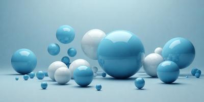 The primary subject of the image is a collection of blue and white spheres, which are floating in a blue background. The setting appears to be a digital art or illustration, as the spheres are arranged in a visually appealing manner. The visual style is a mix of realism and artistic expression, creating a sense of depth and dimension. The colors and mood of the image are predominantly blue and white, giving it a calm and serene atmosphere.