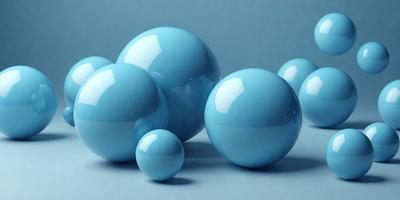 The primary subject of the image is a group of three blue glass balls. They are placed on a white surface, which serves as the setting or background. The visual style of the image is digital art, as it appears to be a computer-generated or digitally rendered scene. The dominant colors in the image are blue and white, creating a calm and serene atmosphere.