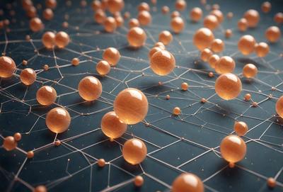 The primary subject of the image is a collection of golden orbs, which are arranged in a complex pattern. The setting is a blue surface, which serves as the background for the orbs. The visual style of the image is a combination of photo and digital art, creating a unique and intricate pattern. The colors and mood of the image are predominantly golden and warm, giving the scene a sense of depth and richness.
