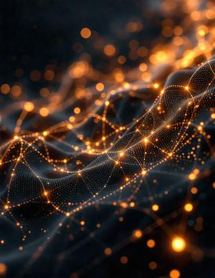 The primary subject of the image is a pattern of bright, glowing lights. The setting is a dark background, which contrasts with the bright lights. The visual style is a combination of digital art and illustration, creating a unique and eye-catching pattern. The colors and mood of the image are predominantly warm and vibrant, with the glowing lights creating a sense of energy and excitement.
