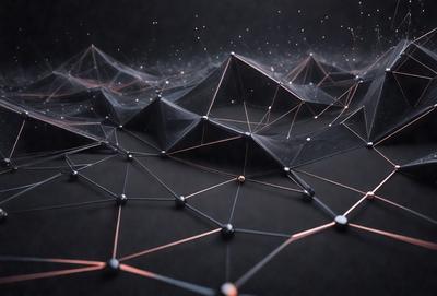 The primary subject of the image is a complex network of interconnected lines, which appear to be a digital art or illustration. The setting is a black background, which contrasts with the lines, creating a striking visual effect. The visual style is a combination of digital art and illustration, with the lines forming a three-dimensional structure. The colors and mood of the image are predominantly black and white, giving it a modern and minimalist appearance.