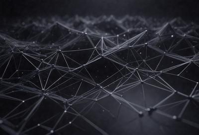 The primary subject of the image is a close-up of a pattern made up of interconnected circles. The setting is a dark background, which contrasts with the bright, interconnected circles. The visual style is a combination of digital art and illustration, creating a unique and intricate pattern. The colors and mood of the image are predominantly black and white, giving it a modern and minimalist appearance.