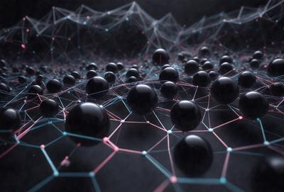 The primary subject of the image is a large number of black and blue spheres arranged in a complex pattern. The setting is a dark background, which contrasts with the bright colors of the spheres. The visual style appears to be a combination of digital art and illustration, creating a unique and intricate design. The overall atmosphere is one of intrigue and fascination, as the viewer is drawn into the intricate patterns and shapes created by the spheres.