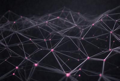 The primary subject of the image is a close-up of a network of interconnected lines, which appear to be a mesh or a web. The setting is a dark background, which contrasts with the lines, making them stand out. The visual style is a combination of digital art and illustration, as the lines are intricately connected and the overall composition is artistic. The colors and mood of the image are predominantly black and white, with the lines being the main focus and creating a sense of depth and complexity.