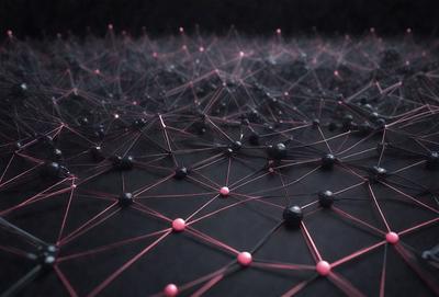 The primary subject of the image is a large, intricate network of red and black lines, which resembles a spider web. The setting is a black background, and the visual style appears to be a digital art or illustration. The dominant colors in the image are red and black, creating a bold and striking appearance. The overall atmosphere of the image is mysterious and captivating.