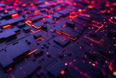 The primary subject of the image is a computer circuit board with a purple background. The setting is a digital artwork, and the visual style is a combination of a photo and a digital illustration. The colors and mood of the image are predominantly purple and red, creating a vibrant and futuristic atmosphere.