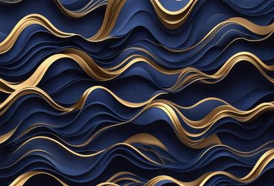 The primary subject of the image is a blue and gold wallpaper with a wavy pattern. The setting is a wall, and the visual style is a digital art or illustration. The dominant colors are blue and gold, creating a calm and sophisticated atmosphere.