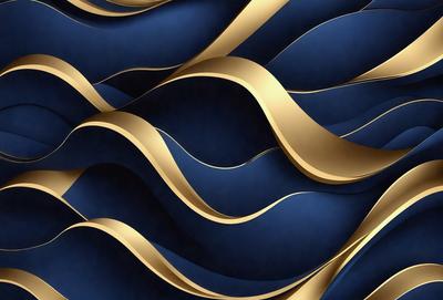 The primary subject of the image is a blue and gold patterned wallpaper. The setting is a wall, and the visual style is a digital art or illustration. The dominant colors are blue and gold, creating a sophisticated and elegant atmosphere.