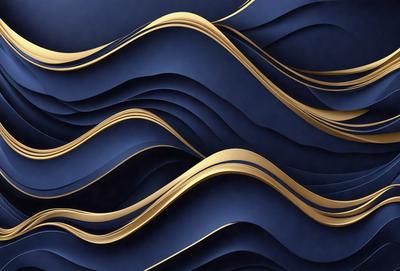 The primary subject of the image is a blue and gold patterned wallpaper. The setting is a blue background, and the visual style is a digital art or illustration. The dominant colors are blue and gold, creating a calm and sophisticated atmosphere.