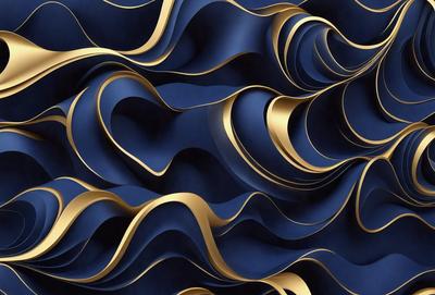 The primary subject of the image is a blue and gold patterned wallpaper. The setting is a wall, and the visual style is a digital art or illustration. The dominant colors are blue and gold, creating a rich and luxurious atmosphere.