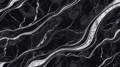 The primary subject of the image is a marble countertop with a black and white pattern. The setting is a kitchen, and the visual style is a close-up of the countertop. The colors and mood of the image are predominantly black and white, giving it a classic and elegant appearance.