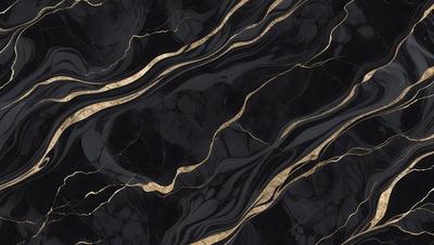The primary subject of the image is a black and gold marble pattern. The setting is a black background, and the visual style appears to be a photo. The dominant colors are black and gold, creating a luxurious and elegant atmosphere.