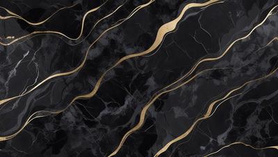 The primary subject of the image is a black and gold marble pattern. The setting is a black background, and the visual style is a combination of photo and digital art. The dominant colors are black and gold, creating a luxurious and elegant atmosphere.