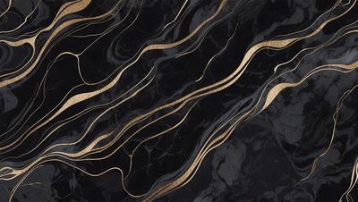 The primary subject of the image is a black marble countertop with gold accents. The setting is a kitchen or bathroom counter, and the visual style is a close-up of the countertop. The dominant colors are black and gold, creating a luxurious and elegant atmosphere.