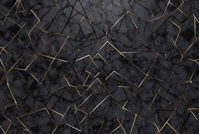 The primary subject of the image is a black and gold marble wall. The setting is a room with a black background, and the visual style is a close-up of the marble wall. The colors and mood of the image are dark and sophisticated, with the gold accents adding a touch of luxury.