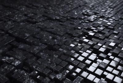 The primary subject of the image is a black and white patterned surface, which appears to be a tile or a brick wall. The setting is a dark room, and the visual style is a close-up of the patterned surface. The colors and mood of the image are predominantly dark and moody, with the black and white pattern creating a sense of depth and contrast.
