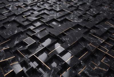 The primary subject of the image is a black and gold marble pattern. The setting is a black and gold marble surface, which serves as the background. The visual style is a close-up of the marble pattern, showcasing its intricate details. The colors and mood of the image are predominantly black and gold, giving it a luxurious and elegant appearance.