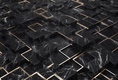 The primary subject of the image is a black and gold marble tile floor. The setting is a room with a black and gold marble tile wall. The visual style is a close-up of the marble tile floor, showcasing the intricate patterns and textures. The colors and mood of the image are predominantly black and gold, giving the space a luxurious and elegant atmosphere.