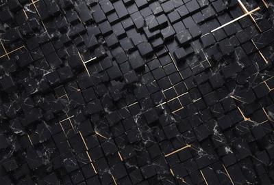 The primary subject of the image is a black and gold marble tile. The setting is a black and gold marble tile floor. The visual style is a close-up of the marble tile. The colors and mood of the image are predominantly black and gold, giving it a luxurious and elegant appearance.
