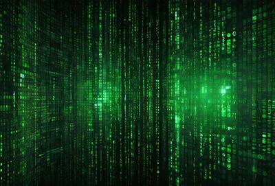 The primary subject of the image is a close-up of a green digital artwork, which appears to be a pattern or a digital representation of a computer code. The setting is a dark background, which contrasts with the bright green color of the digital artwork. The visual style is a combination of digital art and computer code, creating a unique and intriguing visual experience. The colors and mood of the image are predominantly green, with a hint of darkness, giving it a futuristic and technological atmosphere.