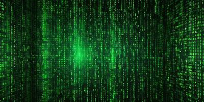 The primary subject of the image is a close-up of a green digital art background featuring a pattern of binary code. The setting is a computer screen or a digital artwork, and the visual style is a combination of digital art and a pattern of binary code. The dominant colors are green and white, creating a modern and technological atmosphere.