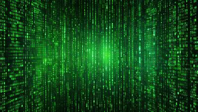 The primary subject of the image is a close-up of a green digital background with a pattern of green and white squares. The setting appears to be a computer screen or a digital artwork. The visual style is digital, and the colors and mood are vibrant and energetic.