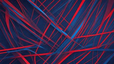 The primary subject of the image is a close-up of a red and blue striped pattern. The setting is a dark blue background, which contrasts with the bright red and blue colors of the pattern. The visual style appears to be a digital art or illustration, as the colors and patterns are intricately detailed. The overall atmosphere of the image is vibrant and energetic, with the bold colors and striking pattern creating a visually striking scene.