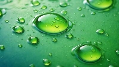 The primary subject of the image is a close-up of a green surface, possibly a table or a piece of fabric, with numerous small green bubbles or droplets on it. The setting appears to be a room or an indoor space, as the surface is not outdoors. The visual style of the image is a close-up, which emphasizes the details of the green bubbles. The colors and mood of the image are predominantly green, creating a calm and soothing atmosphere.