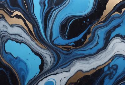 The primary subject of the image is a blue and gold swirling pattern, which appears to be a painting or a digital artwork. The setting is a black and blue background, which contrasts with the swirling pattern. The visual style is a mix of artistic and digital elements, creating a unique and eye-catching design. The dominant colors are blue and gold, giving the image a vibrant and lively atmosphere.