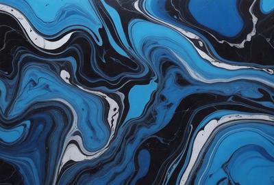 The primary subject of the image is a blue and black marbled pattern, which is the main object, scene, or focus of the image. The setting or background features a blue and black marbled surface, which is the environment, backdrop, or surface visible in the image. The visual style of the image is a photo, as it captures the intricate details of the marbled pattern. The dominant colors in the image are blue and black, creating a striking and visually appealing atmosphere.