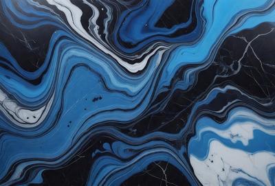 The primary subject of the image is a blue and white marble pattern. The setting is a black marble surface, which serves as the background. The visual style is a close-up of the marble pattern, showcasing its intricate details. The dominant colors are blue and white, creating a serene and elegant atmosphere.