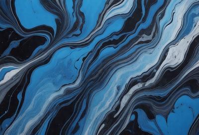 The primary subject of the image is a blue and white swirling pattern, which appears to be a painting or a digital artwork. The setting is a black background, which contrasts with the swirling pattern. The visual style is a combination of painting and digital art, creating a unique and eye-catching design. The dominant colors are blue and white, with the blue being the primary color, and the white providing a contrasting element. The overall atmosphere of the image is dynamic and visually appealing.