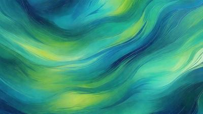 The primary subject of the image is a vibrant, colorful, and swirling blue and green ocean scene. The setting is a vast body of water, with the waves and currents creating a dynamic and lively atmosphere. The visual style of the image is a combination of digital art and illustration, with the colors and mood being predominantly blue and green, creating a sense of tranquility and natural beauty.