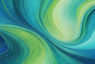 The primary subject of the image is a vibrant, colorful, and abstract painting featuring a mix of green and blue hues. The painting is displayed on a wall, creating a visually striking scene. The visual style of the painting is a combination of digital art and illustration, giving it a unique and artistic appearance. The colors and mood of the painting evoke a sense of tranquility and harmony, as the green and blue tones create a calming atmosphere.