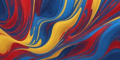 The primary subject of the image is a vibrant, colorful painting featuring a mix of blue, yellow, and red hues. The painting appears to be a digital artwork or an illustration, as it has a distinct visual style. The setting or background of the image is a red and blue swirling pattern, which adds to the overall atmosphere of the painting. The colors and mood of the painting are lively and energetic, creating a sense of movement and dynamism.