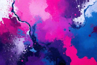 The primary subject of the image is a colorful painting featuring a mix of pink, blue, and purple hues. The setting is a canvas, and the visual style appears to be a combination of digital art and illustration. The painting has a vibrant and lively atmosphere, with the colors creating a sense of energy and movement.