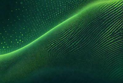 The primary subject of the image is a green, patterned surface. The setting appears to be a futuristic or technological environment, possibly a wall or a background. The visual style of the image is a combination of a photo and digital art, creating a unique and intriguing appearance. The dominant colors in the image are green and white, giving it a clean and modern feel.