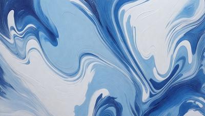 The primary subject of the image is a blue and white painting of a wave. The setting is a white background, and the visual style appears to be a digital art or illustration. The dominant colors in the painting are blue and white, creating a calming and serene atmosphere.