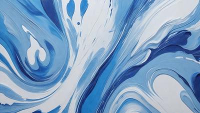 The primary subject of the image is a painting of a blue and white ocean scene. The setting is a white background, and the visual style appears to be a digital art or illustration. The dominant colors in the painting are blue and white, creating a serene and calming atmosphere.