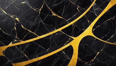 The primary subject of the image is a black and gold marble pattern. The setting is a black marble surface, and the visual style is a close-up of the marble pattern. The colors and mood of the image are predominantly black and gold, creating a sophisticated and elegant atmosphere.