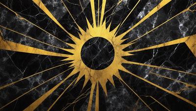 The primary subject of the image is a gold sun with a black circle in the center. The sun is surrounded by a black and gold pattern, giving it a unique and eye-catching appearance. The setting is a black and gold marble surface, which adds to the overall visual style of the image. The colors and mood of the image are predominantly black and gold, creating a striking and elegant atmosphere.