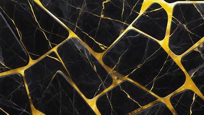 The primary subject of the image is a black and gold marble tile. The setting is a black and gold marble wall, which serves as the background. The visual style is a close-up of the marble tile, showcasing its intricate design. The colors and mood of the image are predominantly black and gold, giving it a luxurious and elegant appearance.