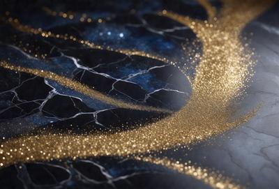 The primary subject of the image is a pattern of gold glitter, which is the main focus of the image. The setting is a black background, which contrasts with the gold glitter. The visual style is a digital art or illustration, as the gold glitter appears to be a digital design element. The colors and mood of the image are predominantly gold and glittery, creating a sense of shine and sparkle.