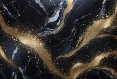 The primary subject of the image is a marble countertop with a gold and black pattern. The setting is a kitchen, and the visual style is a combination of photo and digital art. The dominant colors are gold and black, creating a luxurious and elegant atmosphere.