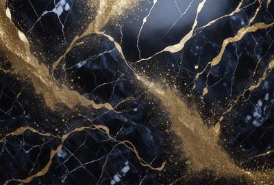 The primary subject of the image is a marble surface with gold accents. The setting is a black background, which contrasts with the gold and marble. The visual style is a combination of photo and digital art, creating a unique and eye-catching design. The dominant colors are gold and black, giving the image a luxurious and elegant appearance.