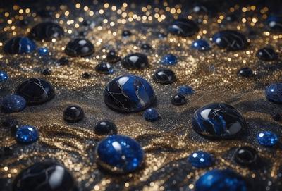 The primary subject of the image is a close-up of a blue marble, which is the main object in the scene. The setting is a black and gold background, creating a visually striking contrast. The visual style is a combination of photo and digital art, giving the image a unique and artistic appearance. The dominant colors are blue and gold, creating a sense of depth and richness in the composition.