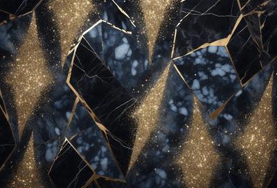 The primary subject of the image is a marble surface with a gold pattern. The setting is a black and gold marble wall, which serves as the background. The visual style is a combination of digital art and illustration, creating a unique and eye-catching pattern. The dominant colors are gold and black, giving the image a luxurious and elegant atmosphere.