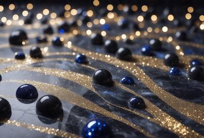The primary subject of the image is a close-up of a marble table with a pattern of blue and gold balls on it. The setting is a black background, which contrasts with the blue and gold balls. The visual style is a combination of a photo and digital art, creating a unique and eye-catching design. The colors and mood of the image are predominantly blue and gold, giving it a luxurious and elegant appearance.