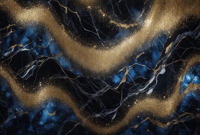 The primary subject of the image is a marble-like surface with a gold and blue color scheme. The setting is a black and gold marble wall, which serves as the background. The visual style is a combination of digital art and illustration, creating a unique and eye-catching pattern. The colors and mood of the image are vibrant and luxurious, with the gold and blue hues evoking a sense of sophistication and elegance.
