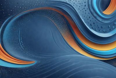 The primary subject of the image is a blue and orange wave, which is the main focus of the scene. The setting is a blue background, and the visual style appears to be a digital art or illustration. The dominant colors in the image are blue and orange, creating a vibrant and energetic atmosphere.